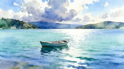 Obraz premium Watercolor painting of a small boat floating on a calm lake surrounded by hills and clouds