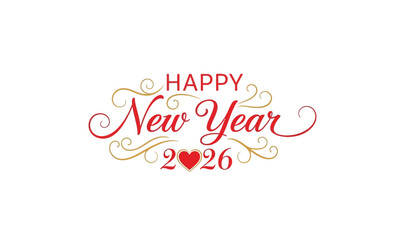 Festive New Year 2026 Typography Design with Gold Ornaments and Heart Symbol