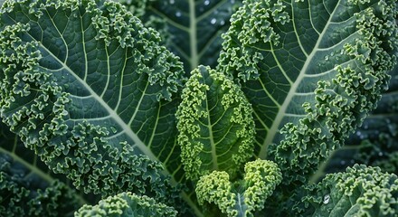 Close-up of Fresh Green Kale Leaves with Detailed Texture and Vibrant Color.