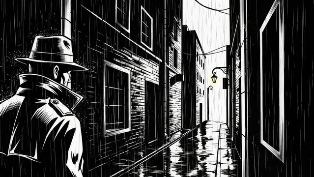 A comic book style, black and white illustration of a detective looking down a rainy, dark city alley.