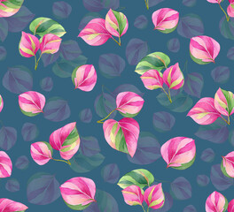 Seamless repeat pattern with colourful leaves. 