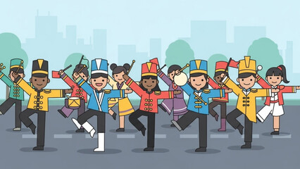 Diverse marching band members in colorful uniforms performing in a parade a lively illustration for music events and celebrations