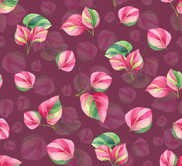 Seamless repeat pattern with colourful leaves. 