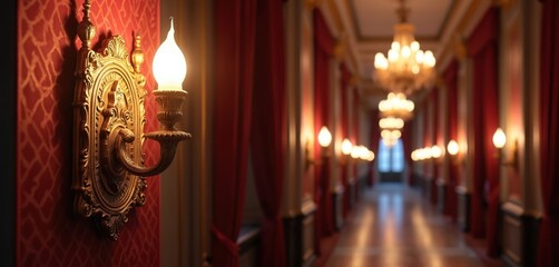 Ornate gold wall sconce illuminates grand hall with red velvet curtains and chandeliers. Empty corridor reflects warm light from ornate wall lamps, offering luxurious vintage atmosphere for events.