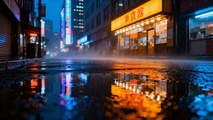 Obraz premium Rain-soaked urban street at night with neon reflections on wet pavement