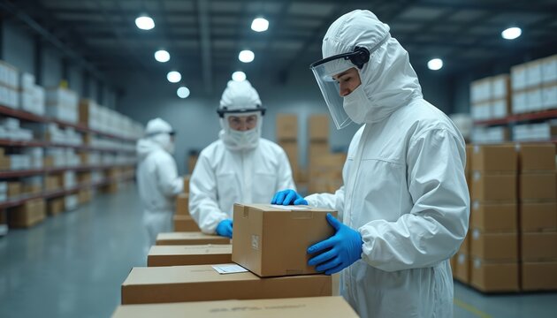 Workers in sterile suits check boxes in a pharma warehouse. They wear masks and face shields. Clean room setting for medicine packaging. Logistics and safety protocols are visible.