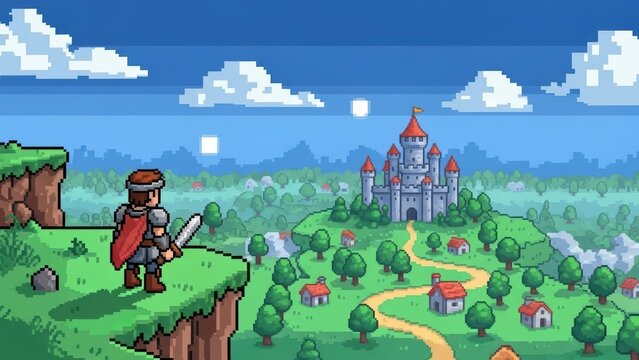A simple pixel art landscape of a knight on a hill looking towards a castle in the distance.