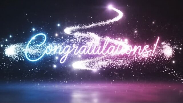 Animated congratulations greeting with sparkling effects and neon glow design