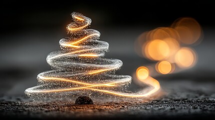 Obraz premium A modern abstract Christmas tree created with swirling golden and white light trails, set against a dark blurred background, conveying a festive and elegant holiday mood.