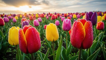 A field of colorful red, yellow, and purple tulips with morning dew, with the sun rising in the background.