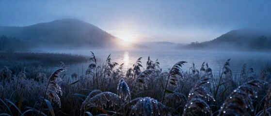 Misty sunrise over a calm lake with dew-covered reeds in the foreground