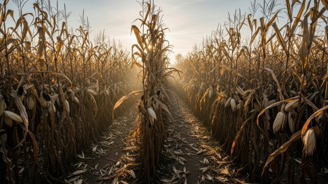 A dry, harvested cornfield at sunrise with a path down the middle and misty, golden light. - Powered by Adobe