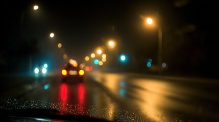 A night scene featuring a wet road illuminated by streetlights and car headlights, creating a moody atmosphere.