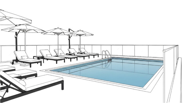 High-quality dark black outline art of a rooftop pool deck with sunbeds, umbrellas, and sleek safety railings, modern outdoor leisure design
