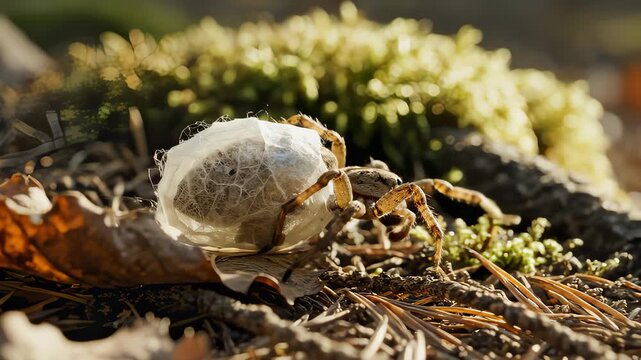Female Wolf Spider Carrying Egg Sac Across Forest Floor in Macro Shot