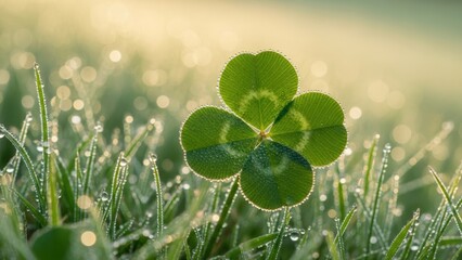A macro shot of a four-leaf clover in a field of grass with sparkling dew drops and soft morning light.