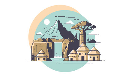 Fototapeta premium Idyllic African Village Illustration with Mountain Backdrop & Traditional Huts for Travel Posters and Tourism Promotion