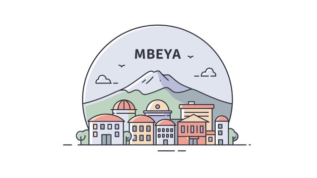 Mbeya Cityscape A Minimalist Illustration of Urban Architecture with Mountain Backdrop