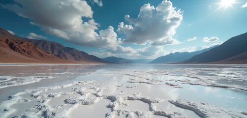 Vast salt flat with shallow water pools and textured white salt formations. Barren mountains rise under a cloudy blue sky with bright sun. Arid landscape reflects sky and mountains.
