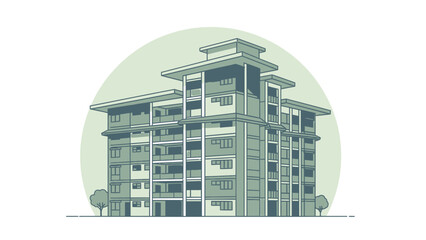 Detailed Illustration of a Modern Multi-Story Building with Balconies and Green Accents