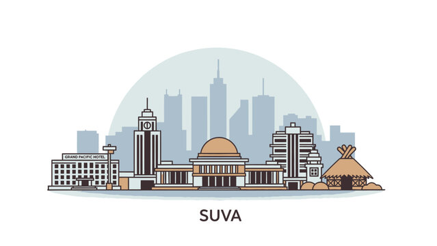 Suva Fiji Skyline Cityscape Illustration with Landmarks, Buildings, and Cultural Elements