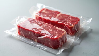 Two prime raw beef steaks are vacuum sealed in clear plastic. Packaging preserves freshness and quality for culinary use. Ideal for food concepts.