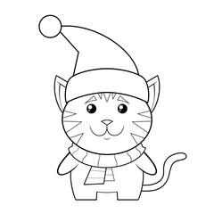 Christmas cat with stripes, tail and a  Santa hat clip art hand drawn black and white