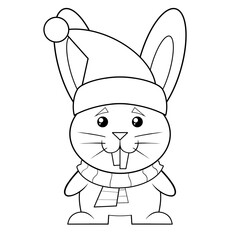 Christmas rabbit with long ears and a Santa hat clip art hand drawn black and white