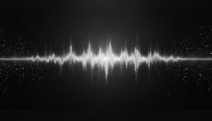White sound wave visualization glows on black background with small particles. Abstract equalizer graphic displays audio signal energy. Modern digital waveform art abstract.