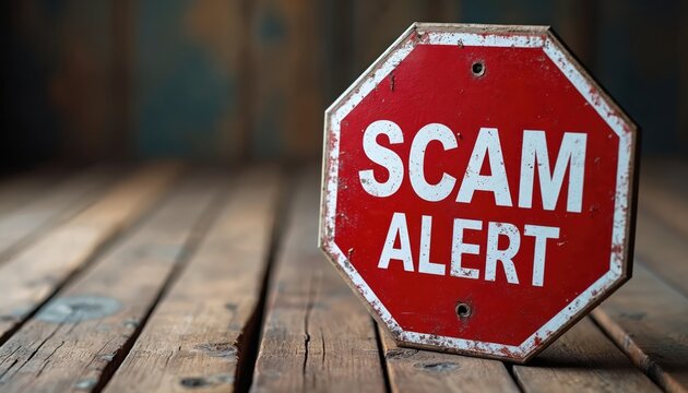 Red octagon sign displays white words Scam Alert on rustic wood surface. Caution message warns people about online fraud dangers and risks. Stay safe from scams.