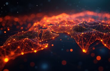 Glowing abstract digital network structure. Connected data points form global map terrain with orange light lines. Futuristic technology and information flow.