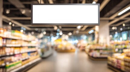 A blurred view of a grocery store aisle, featuring shelves lined with products and a blank sign hanging above.