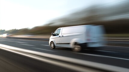 Fototapeta premium A white van speeds along a blurred highway, capturing the essence of motion and transportation in a dynamic setting.