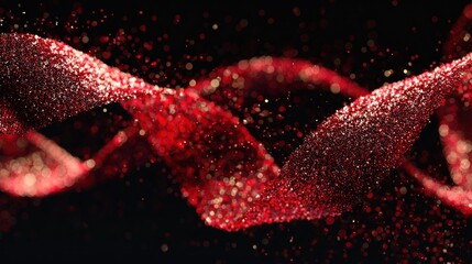 A vibrant, abstract image featuring shimmering red particles swirling against a dark background, creating a sense of movement and depth.