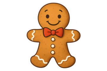 Gingerbread man cookie wearing a red bow tie and smiling, representing christmas holiday season traditions