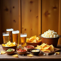 Snack Table with Nachos, Dips, and Beer in a Cozy Setting