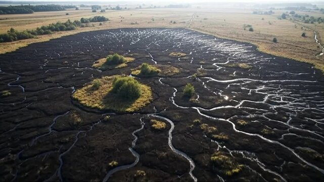 Aerial view of peat bog landscape featuring intricate drainage patterns and small islands