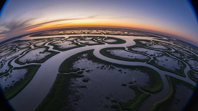Aerial exploration showcasing winding waterways and sunset reflections over wetlands