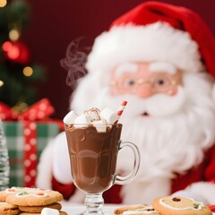 4k high quality Ai generative HD photo realistic red green white Christmas tree gift present decoration gingerbread cookies glass milk joy mini Santa Claus drinking marshmallow carol candy cane hot