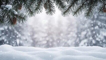 Winter snow scene with pine boughs and cones