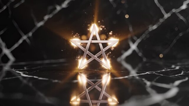 Pentagram Formed With Fire on Black Marble Background Animation
