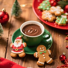 4k high quality Ai generative HD photo realistic red green white Christmas tree ornament bauble decoration gingerbread bake oven cookies cup mug milk chocolate Santa Claus background plate