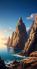 Dramatic coastal scenery featuring towering rock formations bathed in warm sunlight.