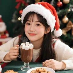 4k high quality Ai generative HD photo realistic red green white Christmas tree ornament bauble biscuit cookies chip glass milk chocolate  background mug girl pretty lady woman teen drinking hat