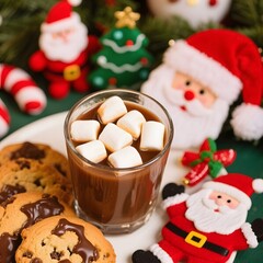 4k high quality Ai generative HD photo realistic red green white Christmas tree ornament decoration gingerbread bake oven chip cookies cup glass milk chocolate Santa Claus marshmallow