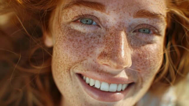 This is a close-up portrait of a joyful young lady with red hair and light brown freckles. She has a warm complexion with clear skin and sparkling eyes. Her gaze is direct and inviting.