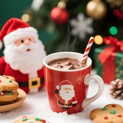 4k high quality Ai generative HD photo realistic red green white Christmas tree ornament bauble decoration gingerbread bake oven cookies cup mug straw glass milk chocolate Santa Claus background gift