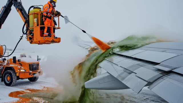 Worker De-Icing Airplane Wing on Snowy Day at Airport Terminal