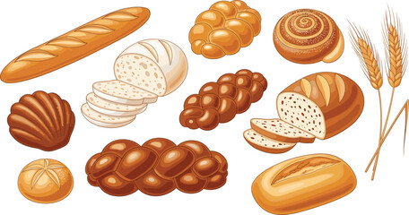 Bread and bakery illustration set featuring loaves rolls buns sliced bread and wheat, realistic colorful baked goods vector collection for food designs