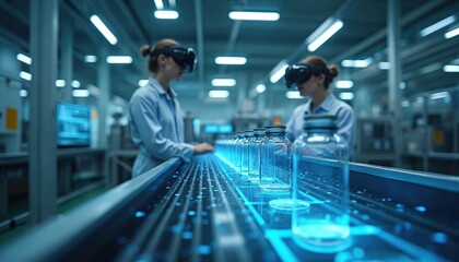 Two women wear VR headsets and work on a futuristic assembly line with glass bottles. They use virtual reality for factory automation and digital transformation in a modern industrial setting.